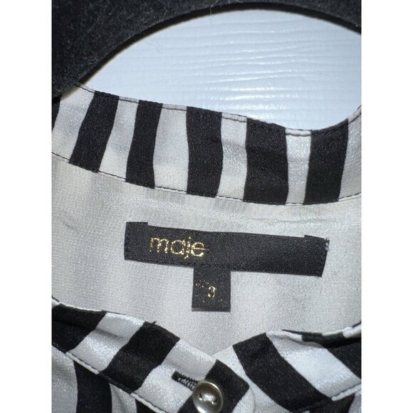 MAJE Black Ivory Striped Long Sleeve Hidden Button Blouse Sz 3/ L - Picture 10 of 13